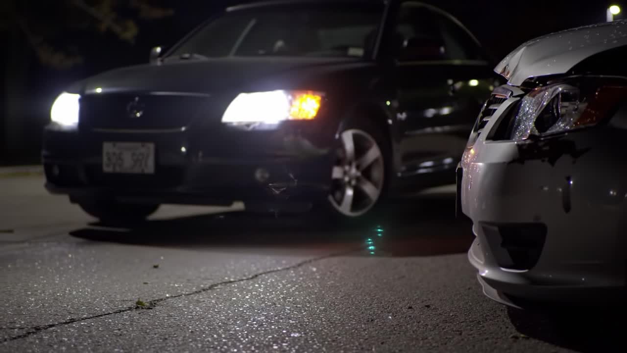 Nighttime Encounter: Two Cars Face Off in a Darkened Parking Lot, Capturing an Electric Atmosphere of Uncertainty and Intensity