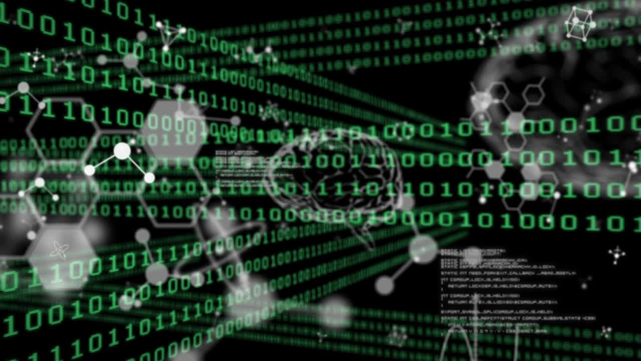 Animation of computer and scientific data processing on black background