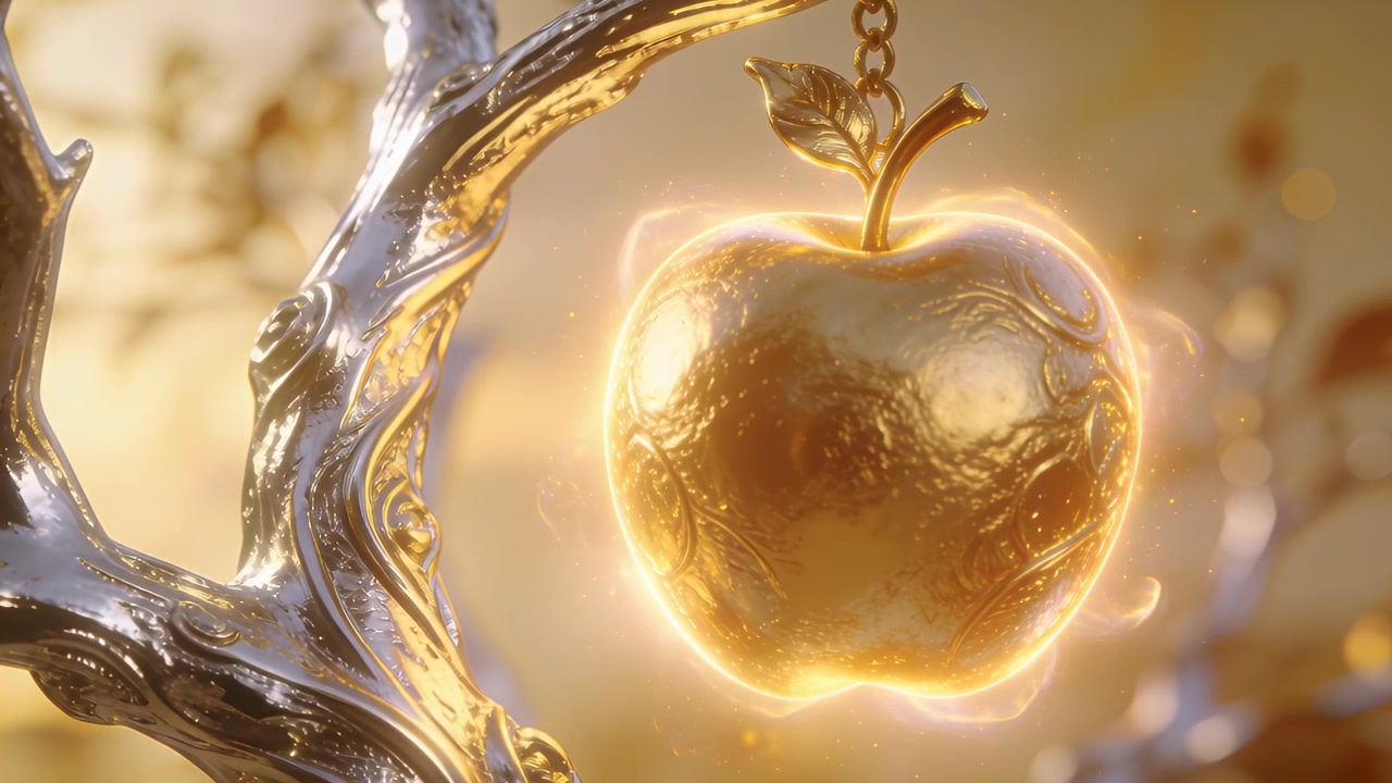 La telecamera si stringe, una mela dorata che brilla e cresce in un set illuminato d'oro, evidenziando una catena e un ramo d'argento
