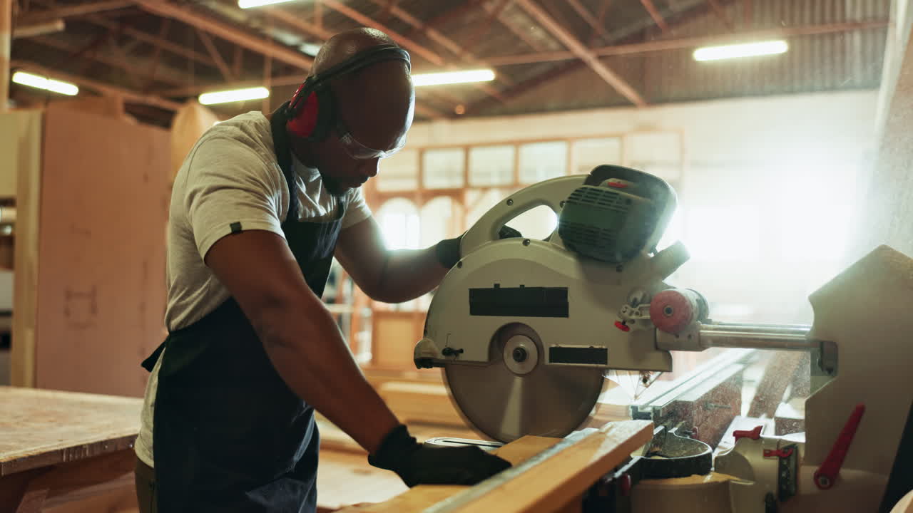 Carpenter working with a table saw in a workshop