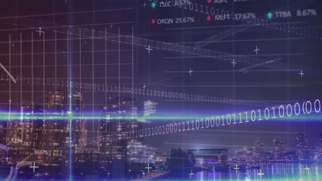 animación del procesamiento de datos estadísticos y bursátiles frente a la vista del paisaje urbano por la noche