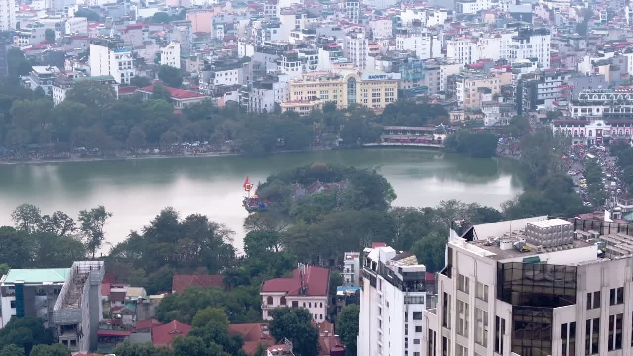 Aerial View of Hoan Kiem Lake and Hanoi Cityscape