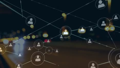 Animation-of-network-of-connections-with-icons-over-cityscape