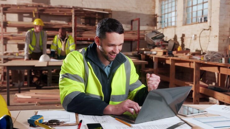 Construction Manager Celebrating Success on Laptop in Workshop