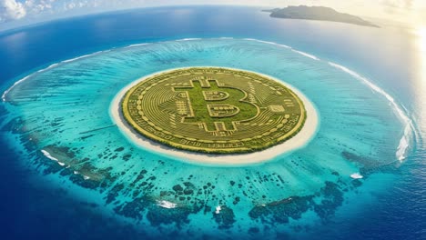 aerial view of an oceanic island designed as a giant bitcoin symbol, surrounded by turquoise waters and lush greenery, representing the evolution of cryptocurrency