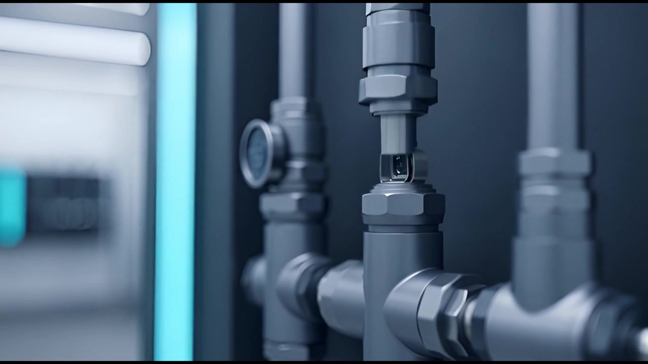 Animazione tecnica di tubi industriali, valvole e manometri