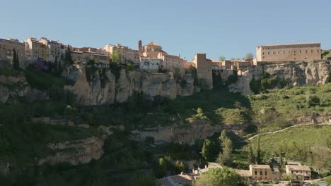 hanging houses of cuenca. aerial view of medieval houses next to a cliff. casas colgadas. cuenca. spain.