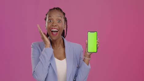 Face,-excited-and-black-woman-with-smartphone