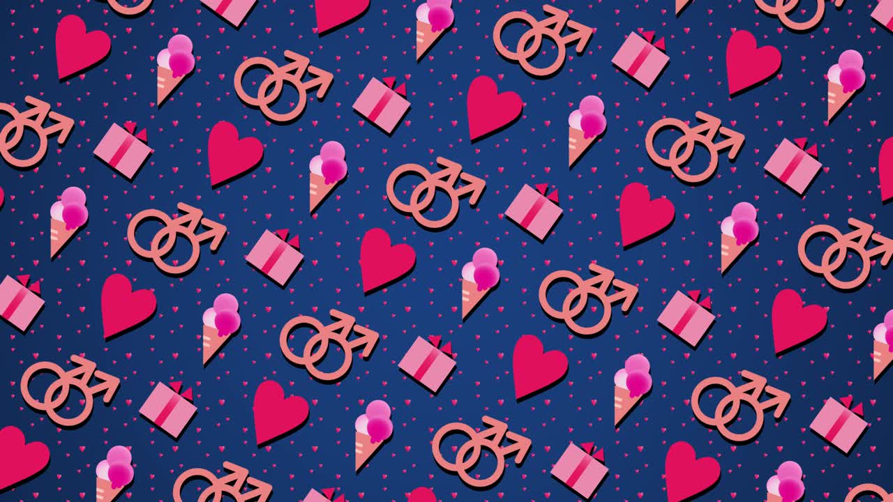 Valentine's day for LGBT people. Seamless looping background with two Male Signs. Moving gift boxes, hearts, lips, ice cream. Motion Graphic 4K UHD video. Flat shapes design looped animation. Gay romance