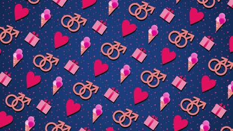 valentine's day for lgbt people. seamless looping background with two male signs. moving gift boxes, hearts, lips, ice cream. motion graphic 4k uhd video. flat shapes design looped animation. gay romance