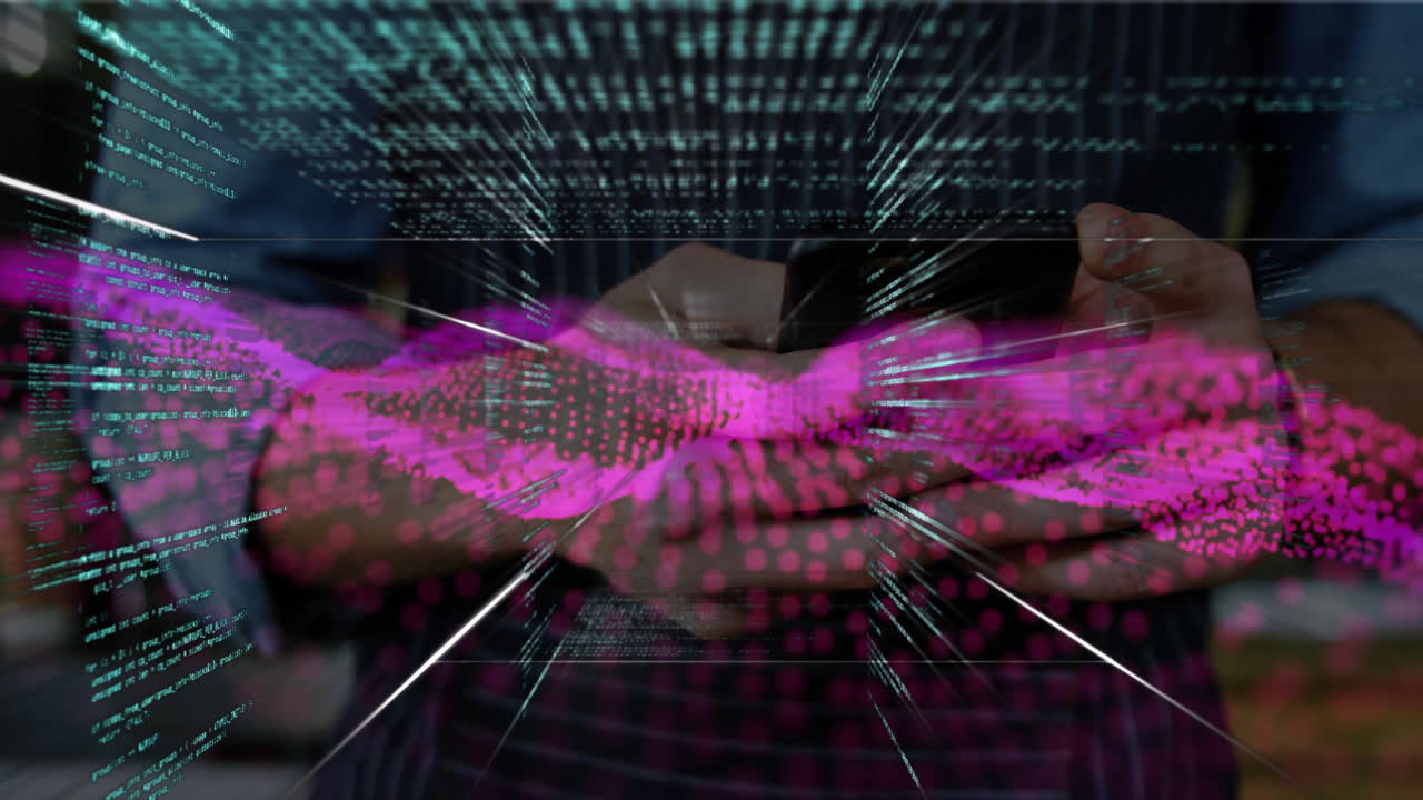 Man holding smartphone in tech scene, displaying streaming green code and pink waveform