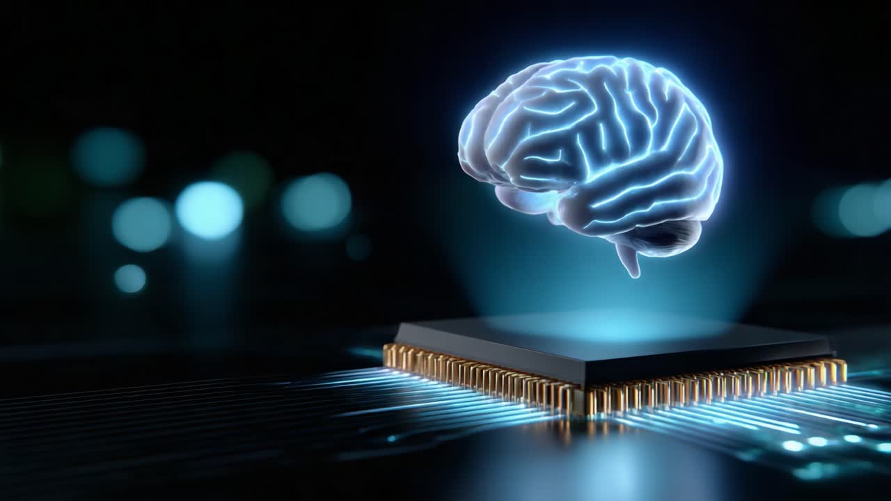 A Fascinating Visualization of Artificial Intelligence: An Ethereal Brain Suspended Above a Computer Microchip, Signifying the Fusion of Human-Like Intelligence with Modern Technology for Future Innovations
