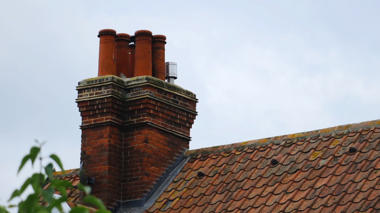 Bat access tiles on cottage roof with two chimneys. Pan across roof on overcast day.