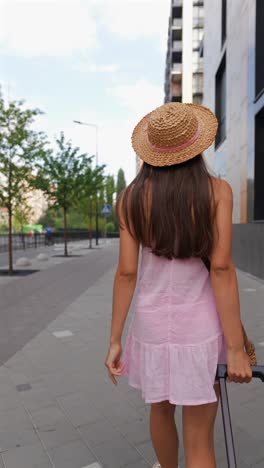 young women walking with luggage in city