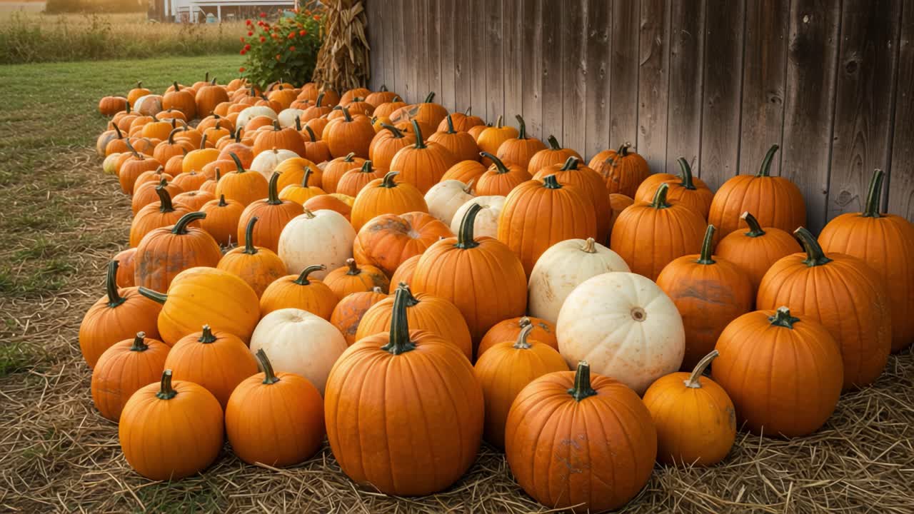 A Vibrant Display of Varied Pumpkins Arranged Neatly Along a Rustic Wooden Wall, Showcasing Different Sizes and Colors in a Beautiful Autumn Setting