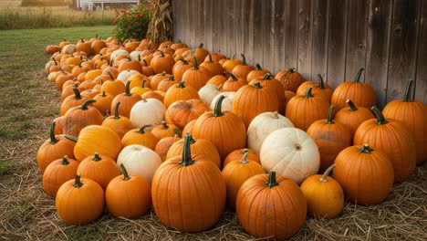 a vibrant display of varied pumpkins arranged neatly along a rustic wooden wall, showcasing different sizes and colors in a beautiful autumn setting