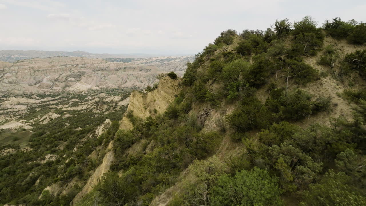 Cresta collinare cespugliosa sopra un canyon roccioso frastagliato a Vashlovani, Georgia