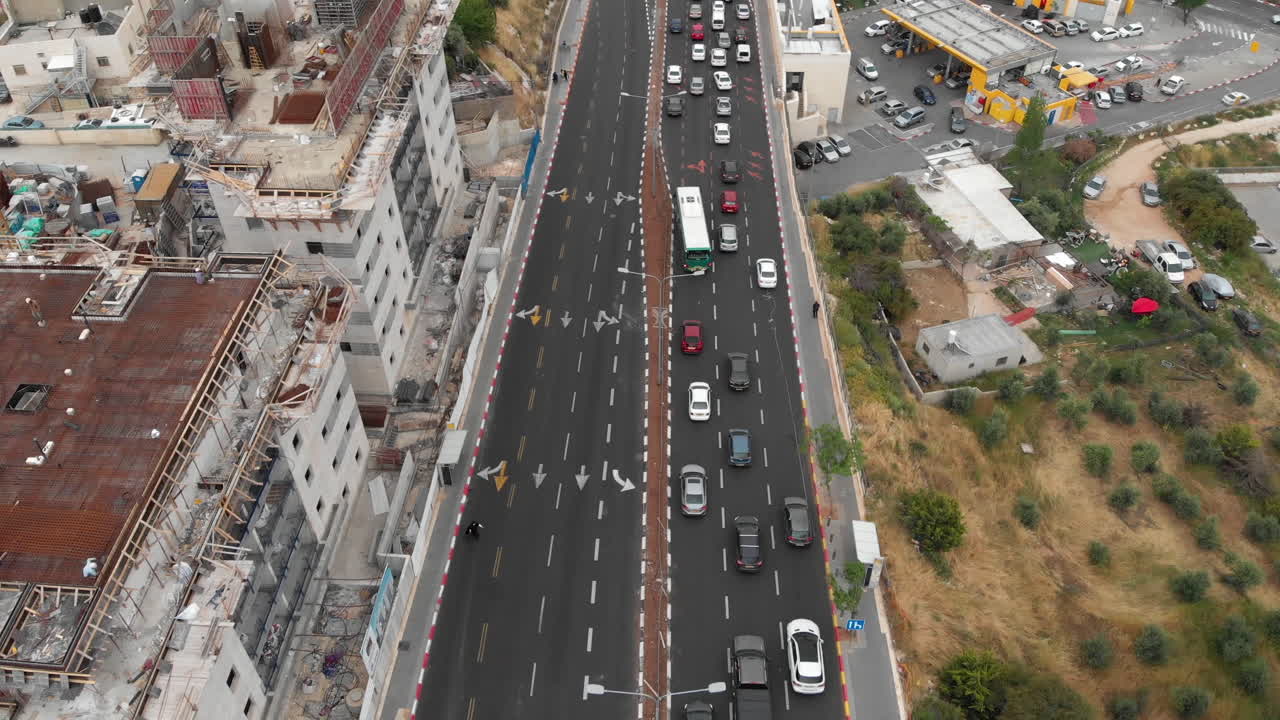 Jerusalem traffic and construction site Aerial view