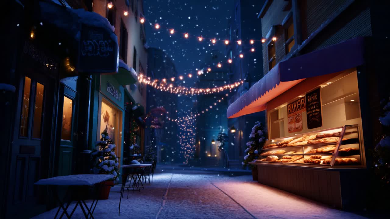 A Cozy Winter Night in a Charming Snowy Street with Twinkling Lights and a Bakery Displaying Freshly Baked Goods Under a Starry Sky, Creating a Magical Atmosphere for the Holiday Season
