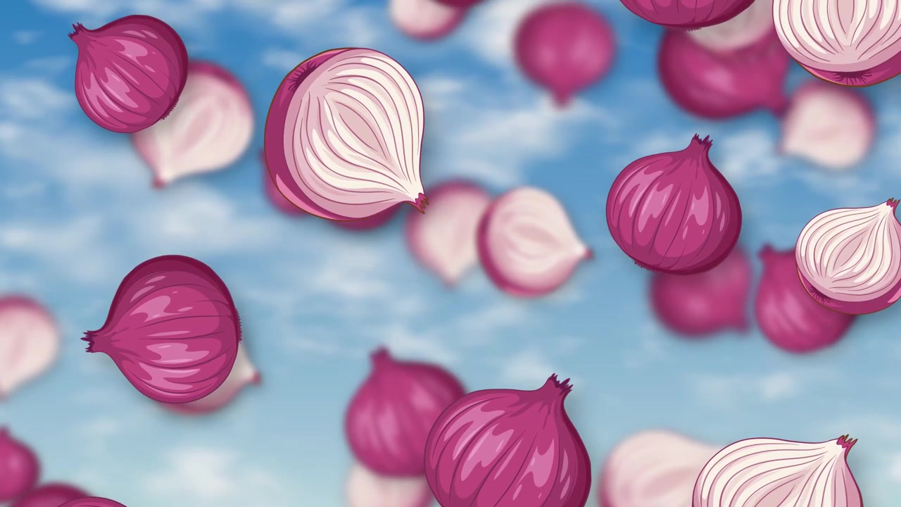 Cipolle rosse intere e a fette cadono attraverso un cielo blu con nuvole bianche e soffici