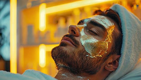 man relaxing with gold facial mask at a spa