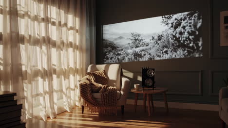 cozy living room with abstract wall projections and sunlight