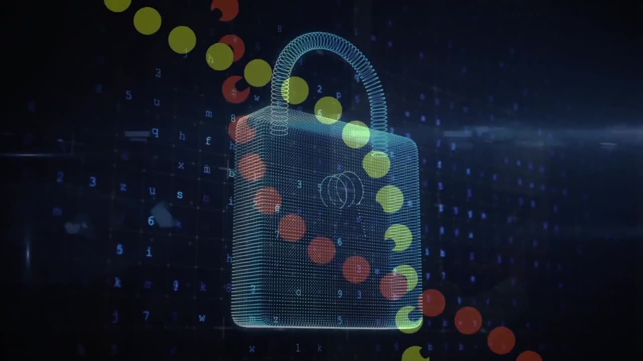 Animation of dna strand and online security padlock over dark background