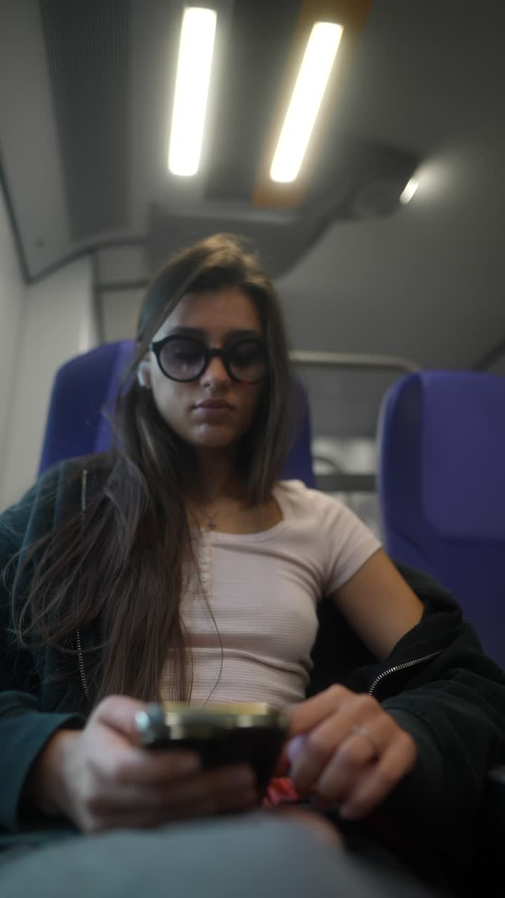 mujer usando un teléfono inteligente en un tren