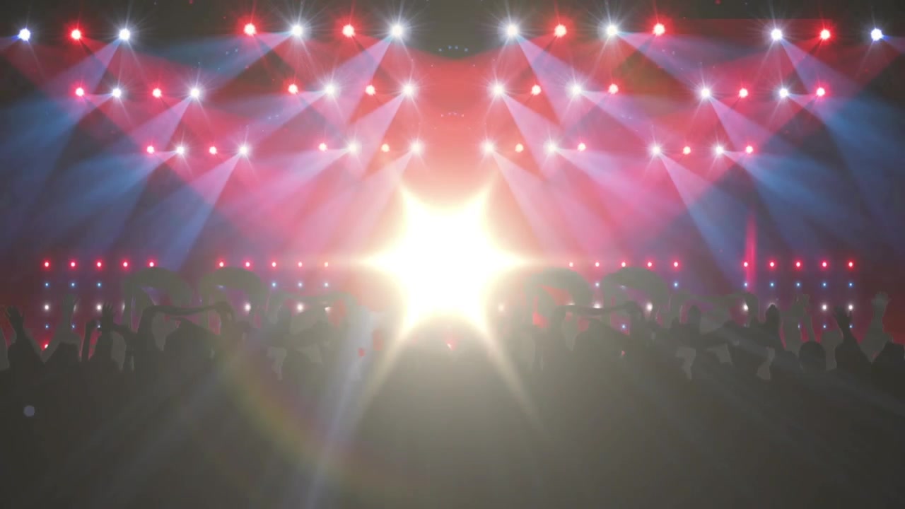 Crowd Cheering at a Concert with Red and Blue Stage Lighting