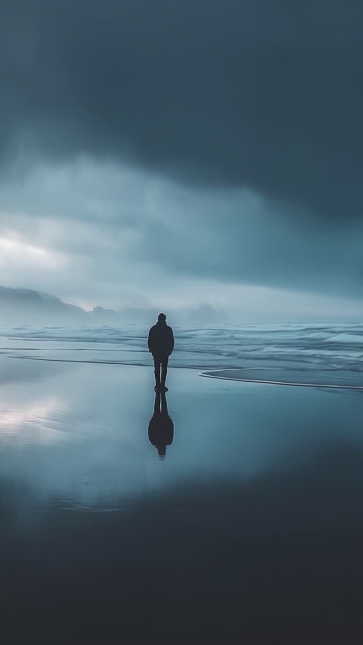 A solitary figure stands on a serene beach, reflecting on the tranquil waters under a moody sky, embodying the essence of solitude and introspection