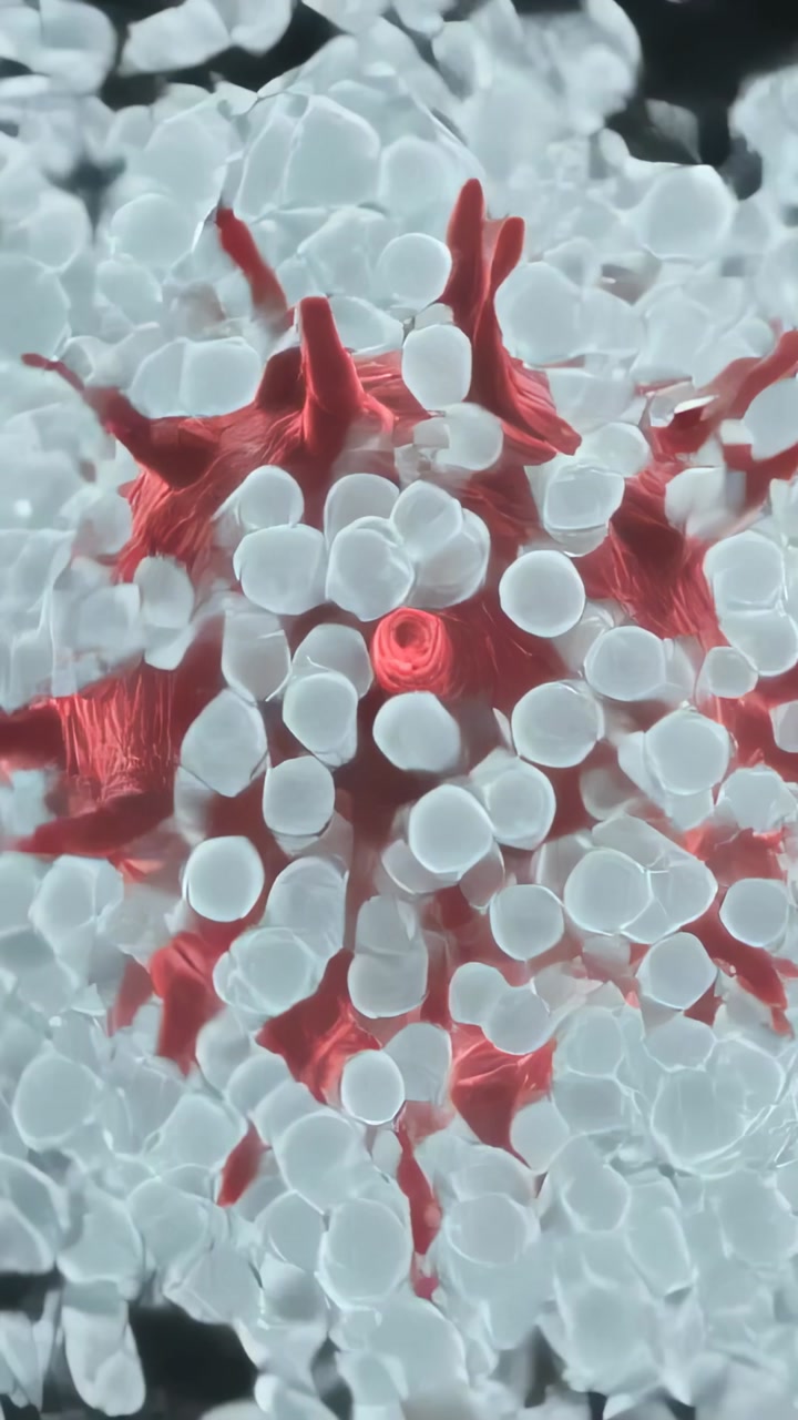 Red spiky sphere filling lab, pale spheres appearing and moving inward, coating and revealing void