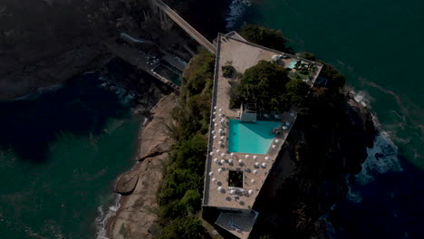 vista aérea de arriba hacia abajo de una construcción recreativa en una pequeña isla en la costa de río de janeiro vista desde arriba al atardecer con sombrillas que dan sombra alrededor de la piscina