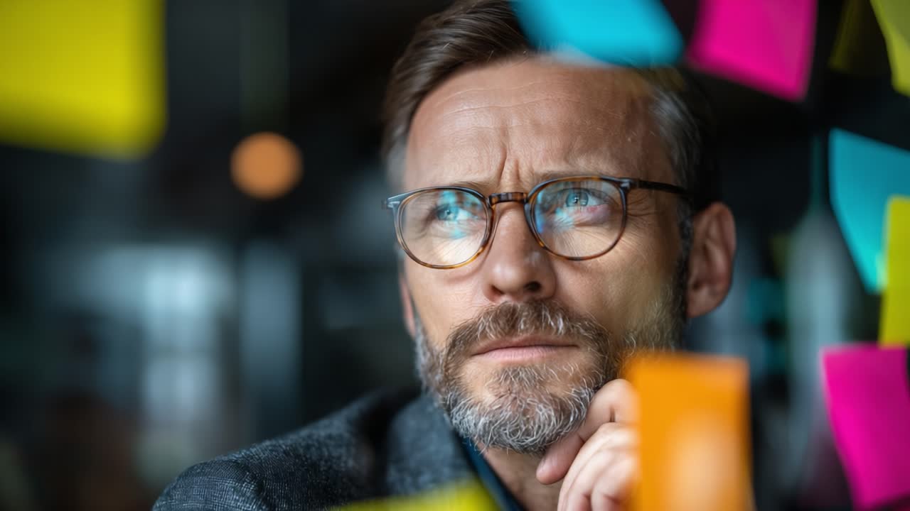 A Thoughtful Professional Reflects on Ideas Behind Colorful Sticky Notes in a Creative Workspace, Capturing the Essence of Innovation and Future Planning