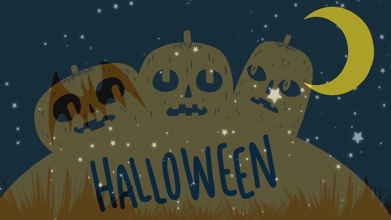 月とカボチャの上を舞うハロウィンのテキストアニメーション