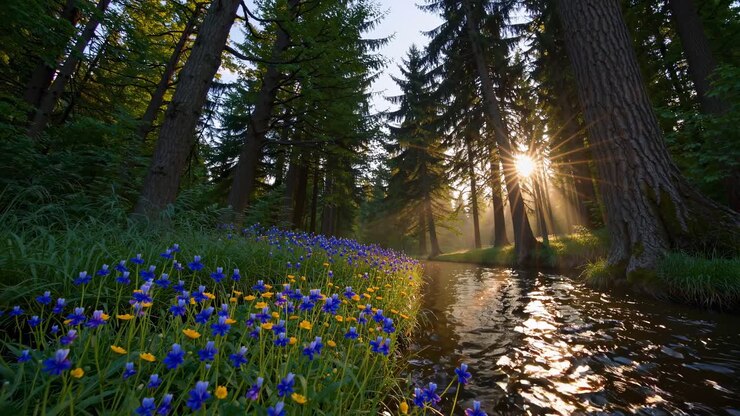A serene forest scene captured at a low angle, showcasing sunlight streaming through tall trees