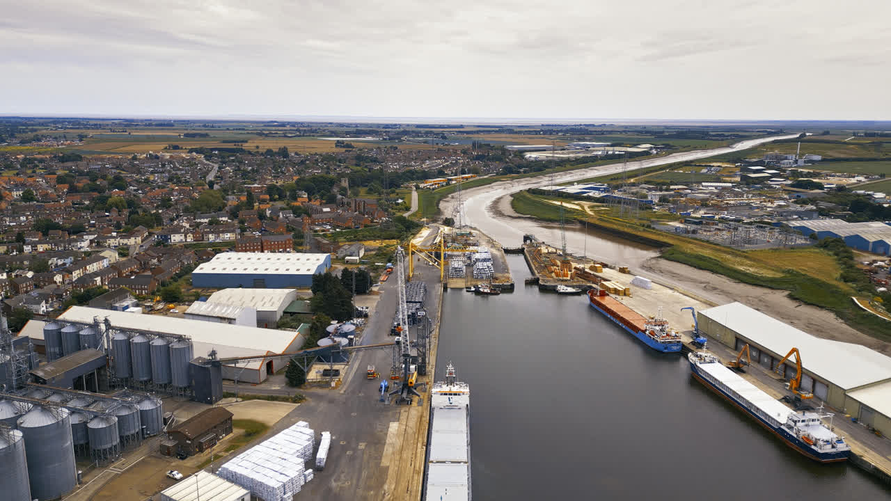 Breathtaking aerial drone footage displays Boston, Lincolnshire: Port, ships, Saint Botolph Church , Saint Botolph&rsquo;s Bridge