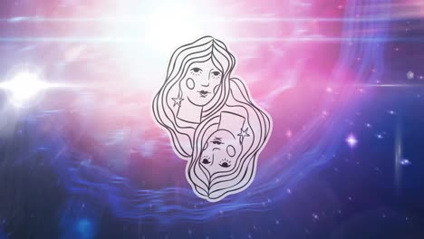 animation of gemini star sign over sun shining and stars on night pink to blue sky