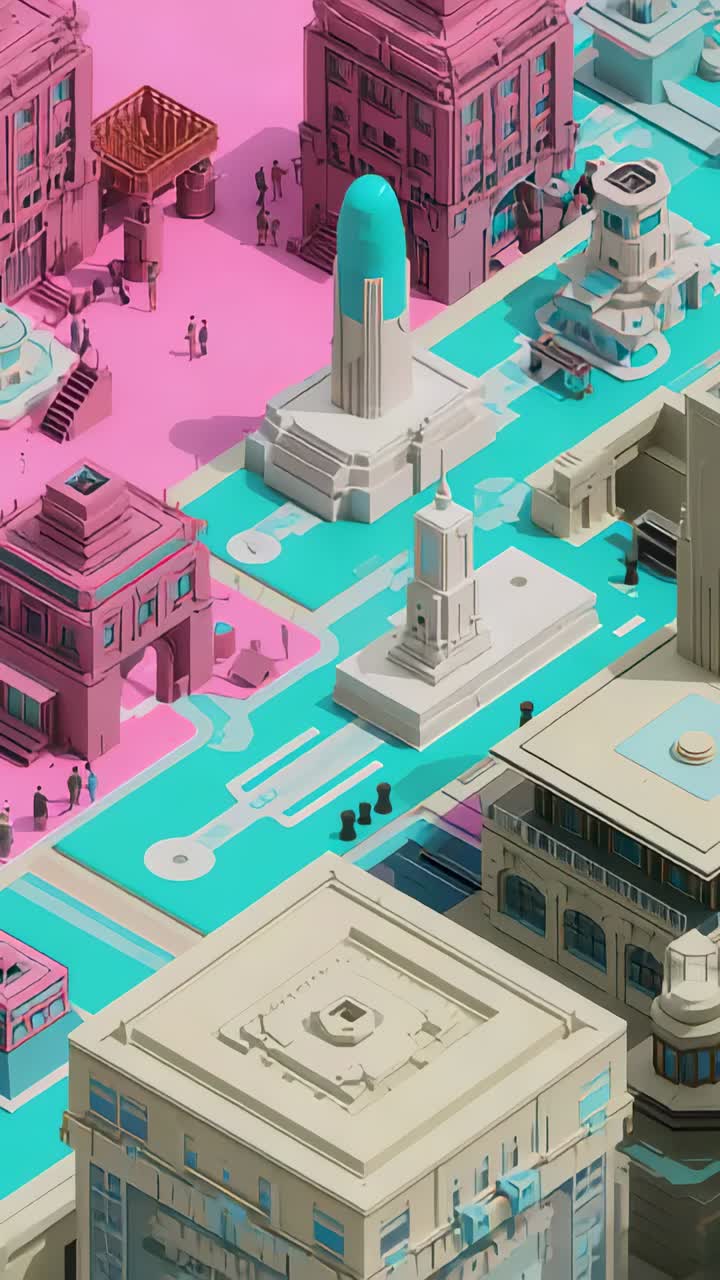 Vídeo vertical: câmera panorâmica mostrando mockup da praça e multidões, revelando detalhes do canal e do obelisco