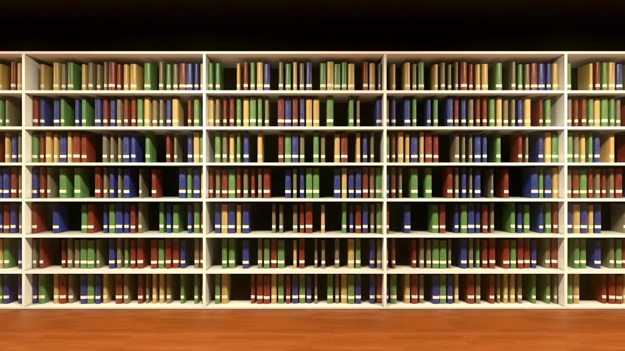 각 선반에 무작위적인 책을 가진 책 선반을 따라 이동