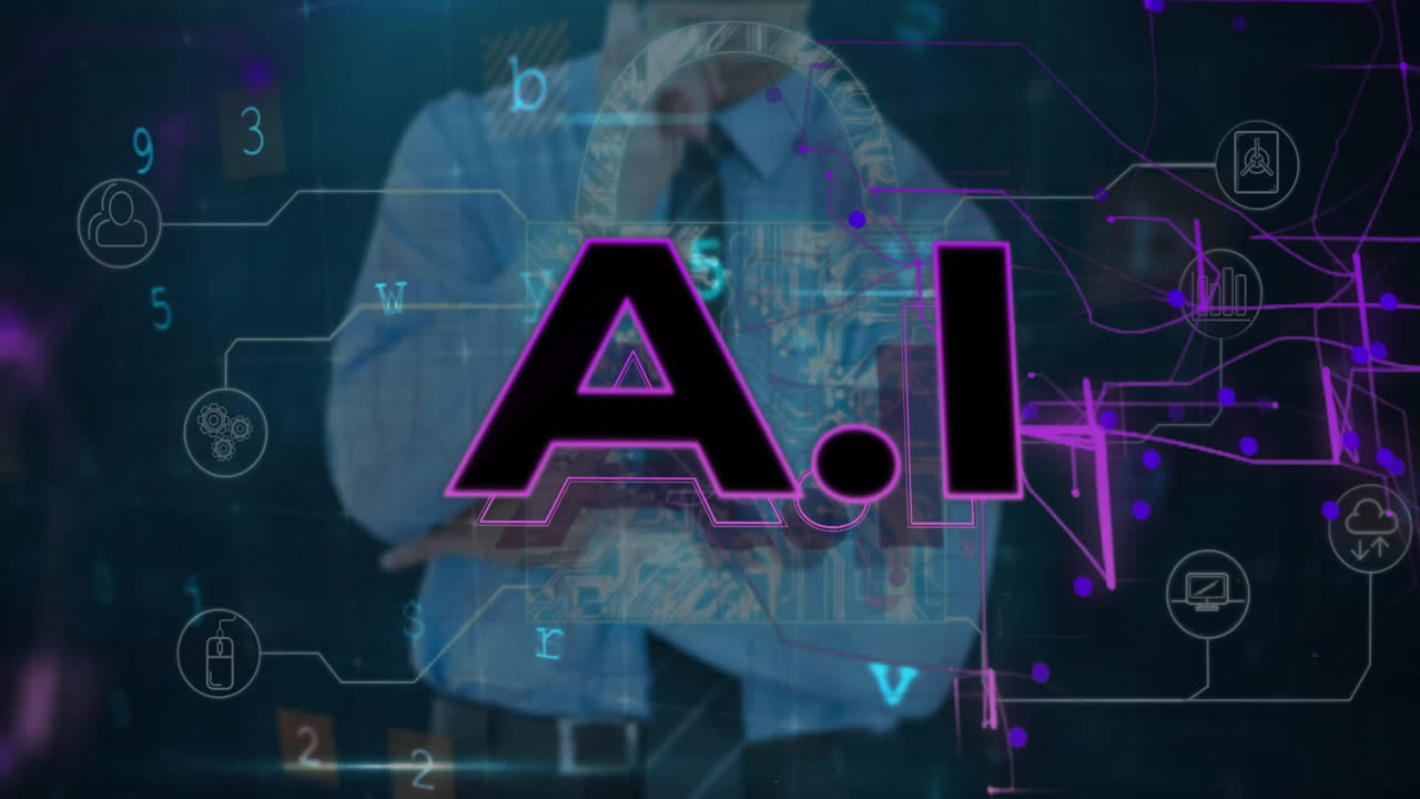 animación de texto en la nube sobre procesamiento de datos y conexiones sobre empresario caucásico