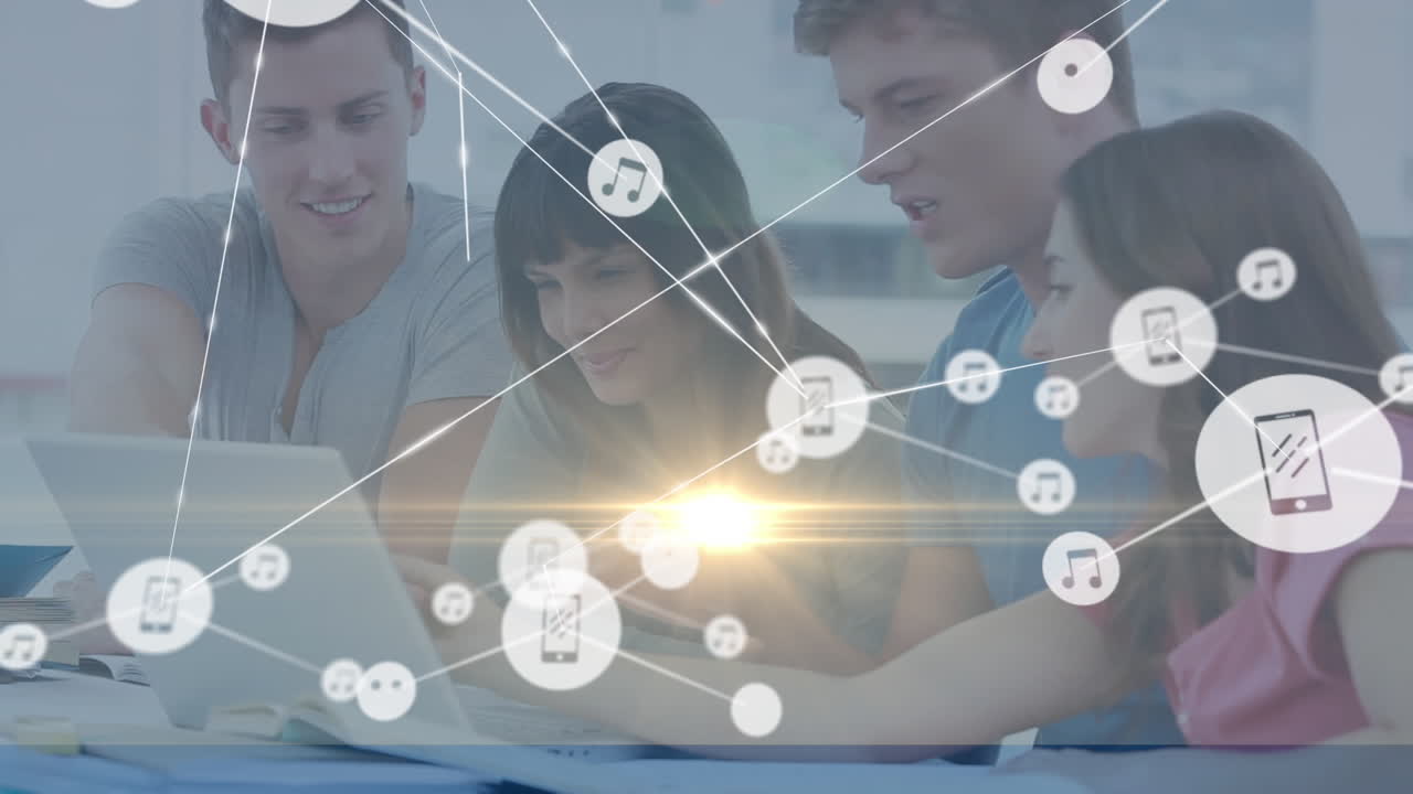 학생들 위의 아이콘으로 연결된 네트워크의 애니메이션