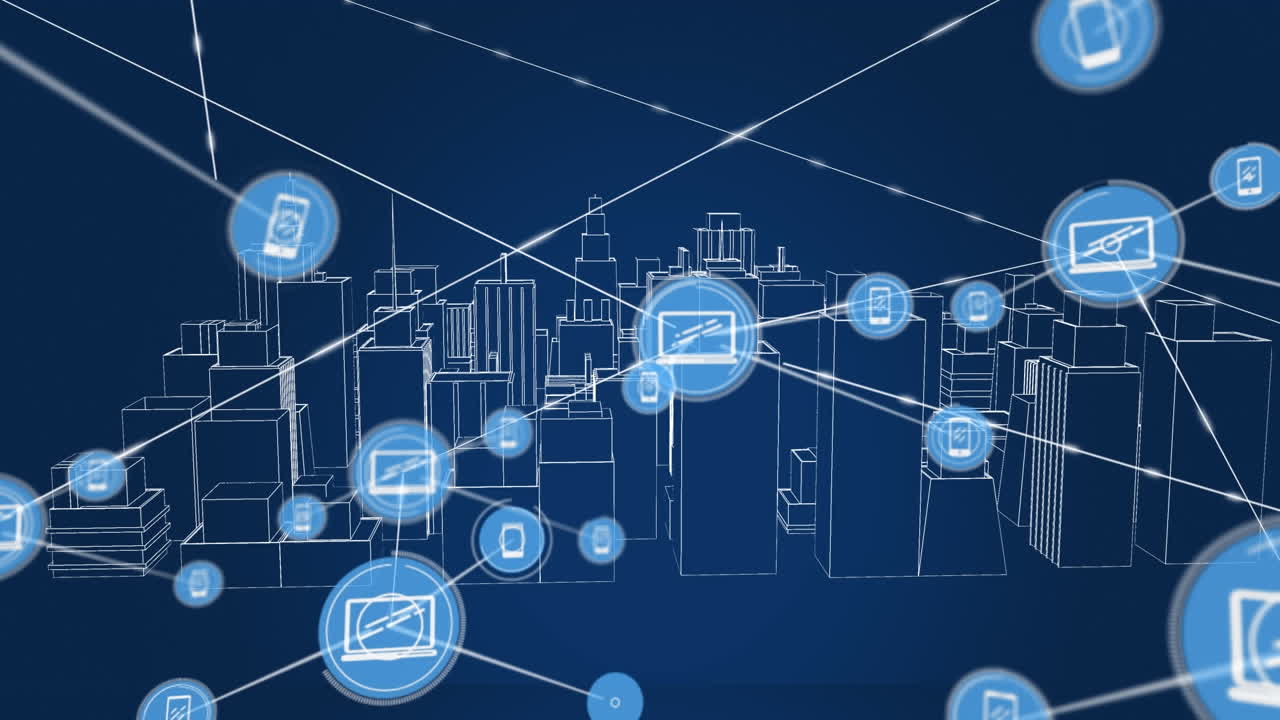Animation af netværk af forbindelser over metaverse bybillede på mørkeblå baggrund