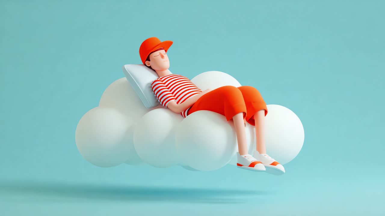Sognatore eccentrico: un personaggio stilizzato si rilassa su una nuvola soffice su uno sfondo blu tenue, infondendo serenità e immaginazione in un rendering in 3D