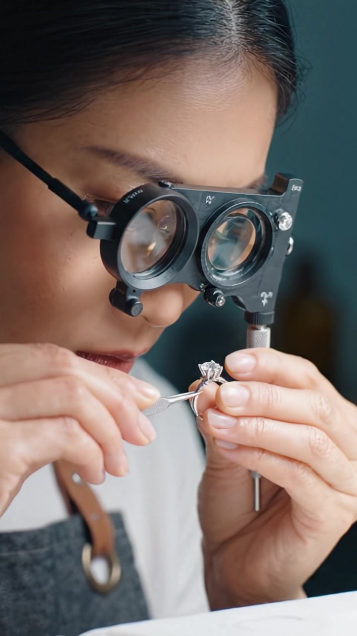 A focused jeweler meticulously inspects and sets a precious gemstone in a ring, using specialized magnifying glasses for precision and craftsmanship in jewelry making.