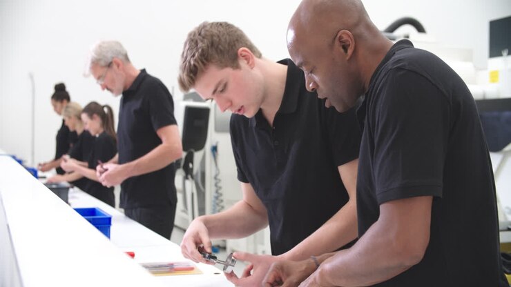 Engineer In Factory With Apprentice Checks Component Quality