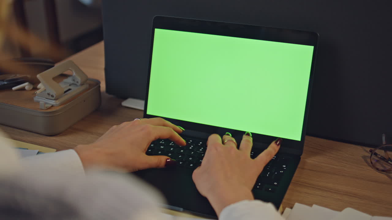 Night hands typing laptop closeup. Busy manager person finishing work project
