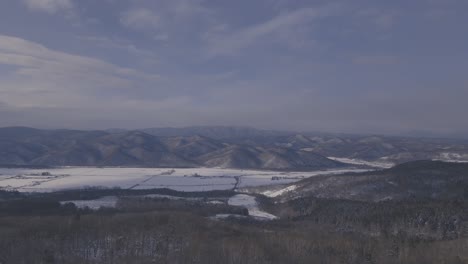 冬季農地風景的空中景觀,距離有山脈