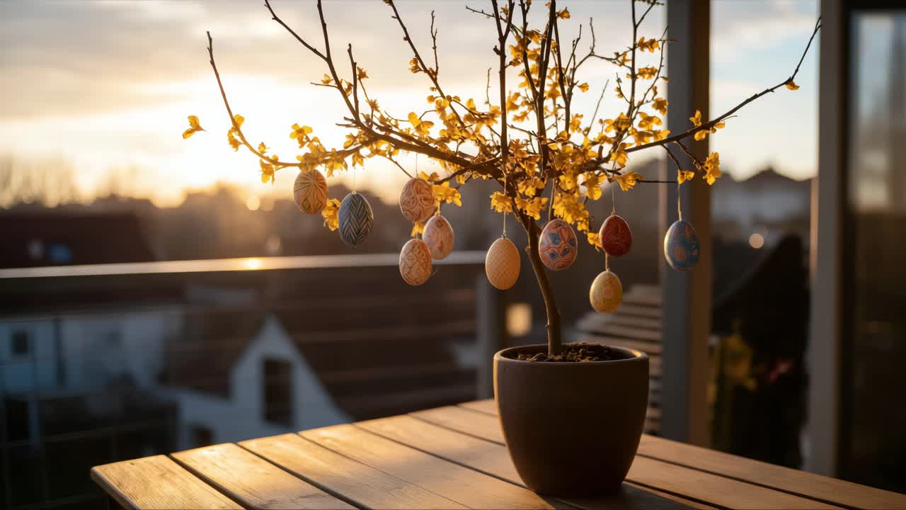 Decorative tree features vibrant Easter eggs and blossoms, beautifully illuminated by the warm glow of sunset, enhancing the festive spring ambiance