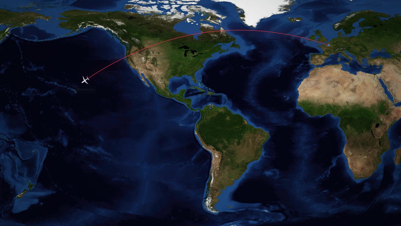 Icono animado de avión sigue una ruta de vuelo roja de París a Honolulu en un mapa mundial