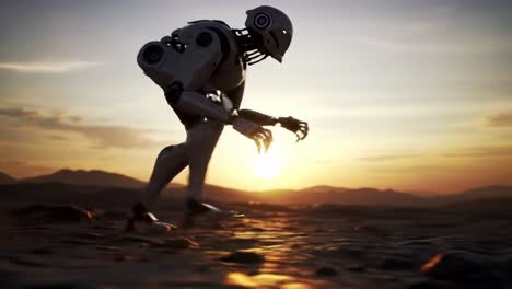 a futuristic exploration: a humanoid robot navigating an alien landscape at sunset, showcasing advanced technology and human-like motion in a stunning visual setting